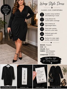 Poseshe Black Long-Sleeve Wrap Midi Dress